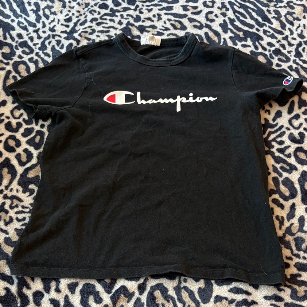 Champion Black Short Sleeve Tee with White Script and Red Emblem